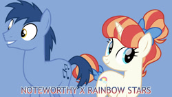 Size: 1920x1080 | Tagged: safe, artist:cheezedoodle96, artist:cloudy glow, edit, editor:jaredking779, imported from derpibooru, blues, noteworthy, rainbow stars, earth pony, pony, unicorn, background pony, blue background, bow, female, hair bow, horn, male, mare, shipping, simple background, stallion, starworthy, straight