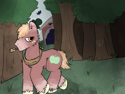 Size: 2160x1620 | Tagged: safe, artist:felixmcfurry, imported from derpibooru, big macintosh, earth pony, desaturated, feral, forest, forest background, male, nature, no mouth, redesign, short tail, solo, solo focus, solo male, sweet apple acres, tail, tree, unshorn fetlocks