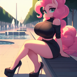 Size: 1024x1024 | Tagged: safe, imported from derpibooru, pinkie pie, anthro, earth pony, adorasexy, ai content, ai generated, bare shoulders, bench, big breasts, breasts, busty pinkie pie, clothes, curvy, cute, female, fountain, high heels, hourglass figure, huge breasts, looking at you, midriff, prompter:horselover fat, sexy, shoes, sitting, smiling, smiling at you, solo, tree