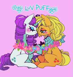 Size: 813x850 | Tagged: safe, artist:cutesykill, imported from derpibooru, applejack, rarity, earth pony, pony, unicorn, bandana, beanbrows, blonde mane, blonde tail, blue sclera, blue text, blushing, colored, colored eyebrows, colored sclera, duo, duo female, ear piercing, earring, eyebrows, eyebrows visible through hair, eyes closed, eyeshadow, female, flower, freckles, green eyes, hatless, holding hooves, horn, jewelry, lesbian, lidded eyes, looking at each other, looking at someone, makeup, mare, missing accessory, neckerchief, no catchlights, piercing, pink background, ponytail, profile, purple mane, purple tail, rarijack, ringlets, saturated, shipping, simple background, sitting, smiling, smiling at each other, tail, tall ears, text, thick eyelashes, tied mane, tied tail, unicorn horn, white coat