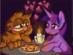 Size: 376x283 | Tagged: safe, artist:applepums, imported from derpibooru, part of a set, twilight sparkle, cat, pony, unicorn, arm around back, blushing, candle, candlelight dinner, colored, crack shipping, crossover, crossover shipping, cursed image, duo, duo male and female, eyelashes, female, floating heart, food, garfield, garfield (character), garfield x twilight sparkle, heart, horn, lasagna, looking at each other, looking at someone, male, multicolored mane, narrowed eyes, pasta, purple coat, purple eyes, shiny eyes, shipping, sitting, smiling, smiling at each other, straight, straight mane, table, unicorn horn, unicorn twilight, unshorn fetlocks