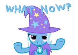 Size: 900x640 | Tagged: safe, imported from derpibooru, trixie, pony, unicorn, animated, female, gif, hat, horn, mare, solo, stars, text, what now
