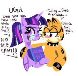 Size: 497x481 | Tagged: safe, artist:applepums, imported from derpibooru, part of a set, twilight sparkle, alicorn, cat, pony, arm around back, blushing, candle, choker, clothes, colored, crack shipping, crossover, crossover shipping, dialogue, duo, duo male and female, eyelashes, female, fingerless gloves, flat colors, folded wings, garfield, garfield (character), garfield x twilight sparkle, glasses, gloves, holding book, horn, looking at each other, looking at someone, looking back, male, multicolored mane, narrowed eyes, ponytail, purple coat, purple eyes, shiny eyes, shipping, simple background, smiling, smiling at each other, speech bubble, spiked choker, straight, straight mane, talking, text, tied mane, twilight sparkle (alicorn), unicorn horn, unshorn fetlocks, white background, wings