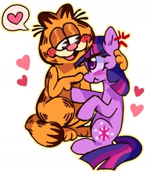 Size: 1593x1857 | Tagged: safe, artist:applepums, imported from derpibooru, part of a set, twilight sparkle, pony, unicorn, blushing, crack shipping, cross-popping veins, crossover, crossover shipping, duo, duo male and female, emanata, female, floating heart, garfield x twilight sparkle, heart, holding, holding a pony, horn, looking at each other, looking at someone, male, mare, multicolored mane, multicolored tail, pouting, purple coat, purple eyes, raised hooves, shiny eyes, shipping, simple background, sitting, smiling at someone, speech bubble, straight, straight mane, straight tail, tail, unicorn twilight, white background