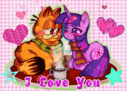 Size: 500x358 | Tagged: safe, artist:applepums, imported from derpibooru, part of a set, twilight sparkle, cat, pony, unicorn, animated, blushing, clothes, colored, crack shipping, crossover, crossover shipping, duo, duo male and female, eyelashes, eyestrain warning, female, flashing lights, floating heart, garfield, garfield x twilight sparkle, gif, glitter, heart, horn, lidded eyes, lying down, male, multicolored mane, multicolored tail, ponyloaf, prone, purple coat, purple eyes, scarf, shiny eyes, shipping, sitting, sparkly mane, sparkly tail, straight, straight mane, straight tail, tail, text, unicorn twilight