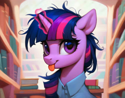 Size: 4096x3200 | Tagged: safe, imported from derpibooru, twilight sparkle, pony, unicorn, ai content, ai generated, clothes, generator:pony diffusion v6 xl, generator:purplesmart.ai, generator:stable diffusion, glowing, glowing horn, horn, library, magic, magic aura, prompter:sipuxa, solo, tongue out