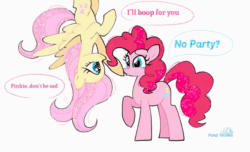 Size: 650x394 | Tagged: safe, alternate version, artist:petaltwinkle, imported from derpibooru, fluttershy, pinkie pie, earth pony, pegasus, pony, animated, big eyes, blue eyes, boop, curly mane, curly tail, cute, dialogue, diapinkes, duo, duo female, eyelashes, eyestrain warning, female, frown, gif, glitter, hanging, hanging upside down, long mane, long tail, nose wrinkle, noseboop, pink coat, pink mane, pink tail, pouting, raised hoof, shyabetes, signature, simple background, sparkles, speech bubble, spread wings, standing, tail, talking, teal eyes, teary eyes, text, upside down, wavy mane, wavy tail, white background, wingding eyes, wings, yellow coat