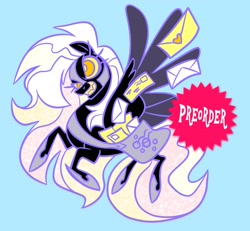 Size: 1549x1432 | Tagged: safe, artist:janegumball, imported from derpibooru, derpy hooves, pegasus, pony, alternate timeline, bag, blue background, colored eyelashes, colored pupils, colored sclera, colored teeth, colored wings, colored wingtips, derp, enamel pin, eternal night au (janegumball), ethereal mane, ethereal tail, evil grin, eyelashes, fangs, female, flying, for sale, grin, helmet, hoof shoes, jewelry, large wings, letter, long mane, long tail, mailbag, mailmare, mare, multicolored mane, multicolored tail, narrowed eyes, nightmare derpy, nightmare takeover timeline, nightmarified, no catchlights, orange eyes, pin design, preorder, princess shoes, purple eyelashes, raised hooves, regalia, sharp teeth, simple background, smiling, solo, spiky mane, spread wings, tail, teeth, text, two toned wings, wavy tail, white text, wings, yellow sclera, yellow teeth