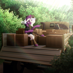 Size: 3000x3000 | Tagged: safe, artist:viryav, imported from derpibooru, oc, oc only, pony, unicorn, background, box, calm, car, clothes, commission, complex background, day, hand, horn, leaves, light, looking at you, magic, magic hands, male, sitting, smiling, smiling at you, solo, sun, tongue out, uniform, weapon