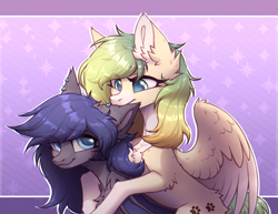 Size: 3120x2403 | Tagged: safe, artist:viryav, imported from derpibooru, oc, oc only, bat pony, fluffy pony, pegasus, pony, bat pony oc, bat wings, biting, blushing, commission, cute, cutie mark, ear piercing, embarrassed, embarrassed grin, female, fluffy, gradient background, hug, mare, pegasus oc, piercing, simple background, smiling, wingding eyes, wings