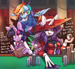 Size: 1992x1850 | Tagged: safe, artist:honowyn, imported from derpibooru, rainbow dash, rarity, spike, twilight sparkle, anthro, dragon, pegasus, unicorn, alcohol, book, breasts, casino, dialogue, female, glass, heart, heart eyes, horn, male, playing card, poker, poker chips, ship:sparity, shipping, sparity, straight, unicorn twilight, wine, wine glass, wingding eyes