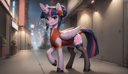 Size: 2672x1536 | Tagged: safe, imported from derpibooru, twilight sparkle, alicorn, pony, ai assisted, ai content, ai generated, alternate hairstyle, blushing, cigarette, clothes, dress, female, flower, flower in hair, generator:pony diffusion v6 xl, generator:stable diffusion, mare, prompter:oranzinispegasiukas, socks, tail, tail wrap, thigh highs, twilight sparkle (alicorn)