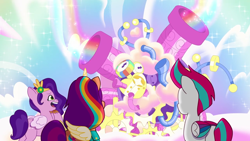 Size: 1280x720 | Tagged: safe, imported from derpibooru, screencap, pipp petals, sunny starscout, zipp storm, alicorn, pegasus, pony, spoiler:g5, spoiler:my little pony: tell your tale, spoiler:tyts02e12, g5, machine, my little pony: tell your tale, race swap, rainbow, sunnycorn, where the rainbows are made