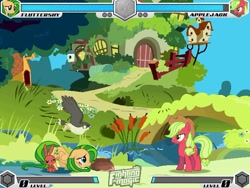 Size: 638x479 | Tagged: safe, imported from ponybooru, angel bunny, applejack, fluttershy, bird, earth pony, hedgehog, pegasus, fighting is magic, crouching, fan game, fighting is magic suchromium, fluttershy's cottage