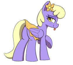 Size: 738x654 | Tagged: safe, artist:maretian, orange blossom, prim posy, pegasus, pony, :p, accessory, blushing, clothes, female, flower, flower in hair, folded wings, lidded eyes, looking at you, looking back, mare, raised hoof, simple background, skirt, solo, tongue out, transparent background, upskirt, wings