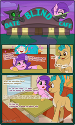 Size: 1940x3212 | Tagged: safe, artist:rubiont, imported from derpibooru, hitch trailblazer, pipp petals, changeling, pegasus, pony, comic:blind date cafe, art pack, cafe, comic, date, disguise, disguised changeling, female, g5, heart, love, male, mare, shapeshifting, stallion