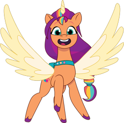 Size: 1359x1346 | Tagged: safe, artist:prixy05, imported from derpibooru, sunny starscout, alicorn, earth pony, pony, female, g5, mane stripe sunny, mare, my little pony: tell your tale, open mouth, race swap, satchel, simple background, solo, spread wings, sunnycorn, transparent background, vector, wings