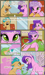 Size: 1940x3212 | Tagged: safe, artist:rubiont, imported from derpibooru, hitch trailblazer, pipp petals, changeling, pegasus, pony, comic:blind date cafe, art pack, cafe, changeling magic, comic, date, disguise, disguised changeling, female, g5, heart, hypnosis, love, magic, male, mare, seductive look, shapeshifting, stallion