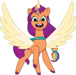 Size: 1359x1346 | Tagged: safe, artist:prixy05, imported from derpibooru, sunny starscout, alicorn, earth pony, pony, female, g5, mane stripe sunny, mare, my little pony: tell your tale, open mouth, race swap, satchel, simple background, solo, spread wings, sunnycorn, transparent background, vector, wings