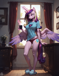 Size: 1664x2144 | Tagged: safe, imported from derpibooru, princess cadance, alicorn, anthro, ai content, ai generated, clothes, coffee, generator:stable diffusion, mug, panties, pants, prompter:neondash, shirt, slippers, solo, underwear, window