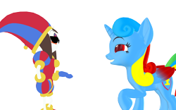 Size: 1920x1200 | Tagged: safe, artist:puzzlshield2, imported from derpibooru, oc, oc:puzzle shield, alicorn, pony, 3d, 3d render, alicorn oc, colored wings, conversation, crossover, g5, grin, horn, interview, meme, mmd, my bananas, my little pony: tell your tale, png, pomni, render, simple background, smiling, story included, storytelling, the amazing digital circus, transparent background, void, wings
