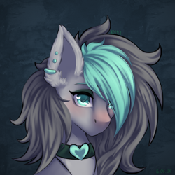 Size: 2500x2500 | Tagged: safe, artist:n3tt0l, imported from derpibooru, oc, oc only, earth pony, pony, blue eyes, blushing, bust, choker, dark background, ear fluff, ear piercing, earring, gift art, gray mane, grey hair, jewelry, looking at you, makeup, piercing, portrait, shiny eyes, solo