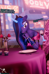 Size: 2365x3576 | Tagged: safe, artist:royalsimp, imported from derpibooru, princess luna, alicorn, anthro, alcohol, armor, candle, chair, clothes, dinner, dress, evening, female, flower, glass, glowing, magic, rose, slipping dress, solo, solo female, table, window, wine, wine glass