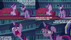 Size: 2000x1125 | Tagged: safe, edit, edited screencap, editor:quoterific, imported from derpibooru, screencap, starlight glimmer, twilight sparkle, alicorn, pony, unicorn, every little thing she does, angry, book, couch, female, floppy ears, horn, library, mare, twilight sparkle (alicorn), twilight's castle, twilight's castle library, yelling