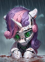 Size: 1024x1408 | Tagged: safe, imported from derpibooru, sweetie belle, pony, robot, robot pony, unicorn, ai content, ai generated, broken, bust, female, generator:pony diffusion v6 xl, generator:stable diffusion, green eyes, horn, mud, prompter:star-dragon, rain, rust, sad, solo, sweetie bot