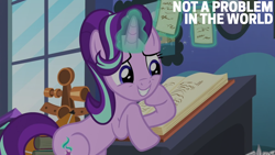 Size: 2000x1125 | Tagged: safe, edit, edited screencap, editor:quoterific, imported from derpibooru, screencap, starlight glimmer, every little thing she does, book, sextant, solo, starlight's room, twilight's castle