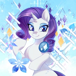 Size: 1850x1850 | Tagged: safe, artist:fenwaru, imported from derpibooru, rarity, pony, unicorn, abstract background, crystal, cute, female, gem, horn, looking at you, shiny, smiling, smiling at you, snow, snowflake, solo
