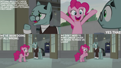 Size: 2000x1125 | Tagged: safe, edit, edited screencap, editor:quoterific, imported from derpibooru, screencap, pinkie pie, sans smirk, earth pony, pony, the last laugh, caption, duo, duo male and female, factory, female, glasses, male, mare, stallion, text