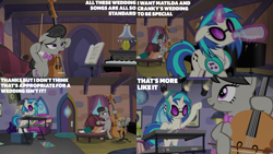 Size: 2000x1125 | Tagged: safe, edit, edited screencap, editor:quoterific, imported from derpibooru, screencap, dj pon-3, octavia melody, vinyl scratch, earth pony, pony, unicorn, season 5, slice of life (episode), caption, cello, duo, duo female, electric guitar, female, guitar, horn, mare, musical instrument, piano, synthesizer, text
