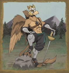 Size: 2772x2933 | Tagged: safe, artist:llamaboy, imported from derpibooru, oc, oc only, oc:grover vi, anthro, griffon, equestria at war mod, abs, anthro oc, armor, athletic, battle crown, chest, clothes, confident, crown, day, defined chest, gloves, griffon oc, jewelry, knight, male, necklace, nudity, pants, partial nudity, pride, regalia, royalty, solo, solo male, spread wings, stern, sword, tail, weapon, wings