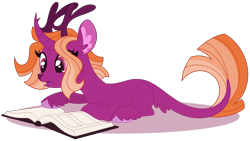 Size: 3809x2141 | Tagged: safe, artist:monochrome-sunsets, imported from derpibooru, oc, oc only, oc:summerset, deer, deer pony, hybrid, original species, book, lying down, prone, simple background, solo, transparent background