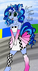 Size: 646x1200 | Tagged: safe, artist:sepiakeys, imported from derpibooru, oc, oc:blue giggles, anthro, unicorn, clothes, crossdressing, horn, skirt, solo