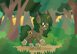 Size: 1200x844 | Tagged: safe, artist:jennieoo, imported from derpibooru, oc, oc only, oc:pine shine, pony, unicorn, boots, clothes, commission, forest, happy, hiking, horn, looking at you, nature, shoes, show accurate, smiling, smiling at you, solo, tree, vector
