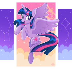 Size: 2702x2602 | Tagged: safe, artist:amanda hope, imported from derpibooru, twilight sparkle, alicorn, pony, abstract background, cloud, constellation, cutie mark, female, flying, full body, horn, mare, open mouth, open smile, outline, smiling, solo, stars, twilight sparkle (alicorn), white outline