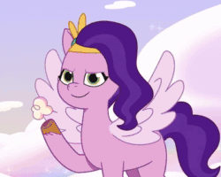 Size: 401x320 | Tagged: safe, imported from derpibooru, screencap, pipp petals, pegasus, spoiler:g5, spoiler:my little pony: tell your tale, spoiler:tyts02e12, animated, cloud, cropped, evil smirk, female, g5, gif, headband, mare, my little pony: tell your tale, solo, where the rainbows are made, wings