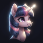Size: 1328x1328 | Tagged: safe, derpibooru exclusive, imported from derpibooru, twilight sparkle, pony, unicorn, ai content, ai generated, beautiful, black background, bust, cute, female, generator:bluefox mix, generator:stable diffusion, glowing, glowing horn, horn, light, mare, portrait, prompter:adorablebluefox, simple background, smiling, solo