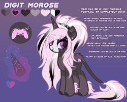 Size: 2500x2000 | Tagged: safe, artist:skyboundsiren, imported from derpibooru, oc, oc:digit morose, unicorn, color palette, cutie mark, female, horn, leonine tail, piercing, reference sheet, smiling, solo, solo female, tail