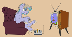 Size: 3695x1917 | Tagged: safe, artist:agent-diego, imported from derpibooru, oc, oc only, unicorn, chair, game console, horn, male, simple background, super mario bros., super mario bros. (1985), television, unicorn oc