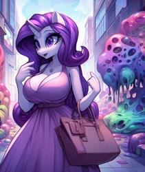Size: 865x1024 | Tagged: safe, imported from derpibooru, rarity, anthro, goo, unicorn, adorasexy, ai content, ai generated, bag, big breasts, breasts, busty rarity, city, cleavage, clothes, cute, dress, female, handbag, horn, huge breasts, jewelry, necklace, open mouth, prompter:horselover fat, purse, sexy, solo, standing, surreal, weird