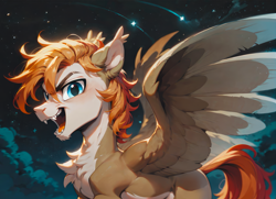 Size: 2973x2155 | Tagged: safe, imported from derpibooru, oc, oc:ponygriff, hippogriff, hybrid, undead, vampire, ai content, ai generated, bat pony ears, bat pony fangs, cloud, fangs, generator:stable diffusion, hippogriff oc, male, night, open mouth, ponygriff, prompter:pzkratzer, solo, spread wings, stars, wallpaper, wings