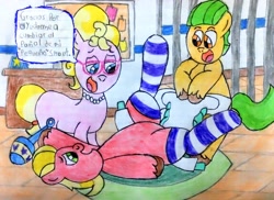 Size: 3392x2468 | Tagged: safe, artist:bitter sweetness, imported from derpibooru, hitch trailblazer, sprout cloverleaf, earth pony, pony, abdl, adult foal, clothes, desk, diaper, diaper change, diaper fetish, female, fetish, g5, graph paper, male, my little pony: a new generation, my little pony: make your mark, my little pony: tell your tale, non-baby in diaper, open mouth, open smile, phyllis cloverleaf, rattle, rug, smiling, socks, spanish, spanish text, speech bubble, striped socks, traditional art, translated in the description, wooden floor