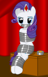 Size: 2000x3200 | Tagged: safe, artist:cardshark777, imported from derpibooru, rarity, unicorn, blurry background, bondage, bound and gagged, box, curtains, digital art, eyeliner, female, femsub, gag, gem, helpless, hooves behind back, horn, horn ring, jewelry, looking at you, magic suppression, makeup, mare, ring, sitting, solo, stage, submissive, tape, tape bondage, tape gag