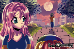 Size: 4100x2700 | Tagged: safe, artist:cmacx, imported from derpibooru, fluttershy, rainbow dash, spike, human, building, crying, hair, humanized, moon, road, sad, tree