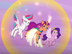 Size: 847x644 | Tagged: safe, imported from derpibooru, screencap, pipp petals, sunny starscout, zipp storm, alicorn, pegasus, pony, cropped, determined, g5, magic, my little pony: tell your tale, trio, where the rainbows are made