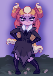 Size: 1430x2048 | Tagged: safe, artist:carouselunique, imported from derpibooru, oc, oc only, oc:honeycrisp blossom, human, equestria girls, alternate hairstyle, antagonist, boots, clothes, dress, eyeshadow, female, furrowed brow, hand on hip, looking at you, makeup, offspring, parent:big macintosh, parent:princess cadance, parents:cadmac, shoes, solo