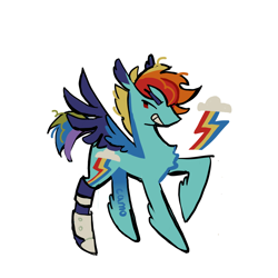 Size: 900x900 | Tagged: safe, artist:camo_ty, artist:camotty, imported from derpibooru, part of a set, rainbow dash, pegasus, pony, alternate design, alternate eye color, alternate hairstyle, amputee, blue coat, chest fluff, coat markings, colored eyebrows, colored wings, colored wingtips, dorsal stripe, dot eyes, eyebrows, eyebrows visible through hair, female, leg fluff, looking back, mare, multicolored mane, multicolored tail, narrowed eyes, no catchlights, profile, prosthetic leg, prosthetic limb, prosthetics, raised hoof, red eyes, redesign, short hair rainbow dash, short mane, short tail, signature, simple background, smiling, solo, spread wings, standing, tail, teeth, two toned wings, white background, wings